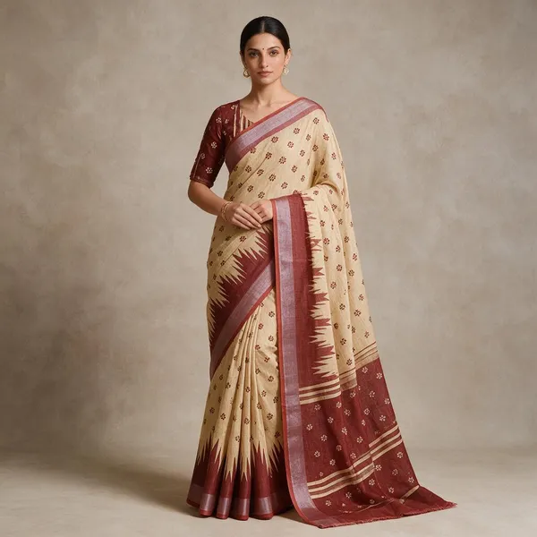 Beige_&_Rust_Red_Banarasi_Linen_Cotton_Saree_with_Temple_Border_&_Floral_Butis