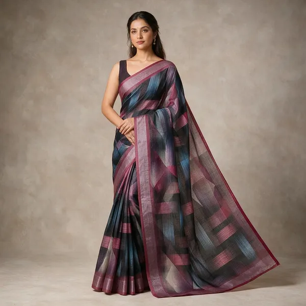 Black_Banarasi_Linen_Cotton_Saree_with_Geometric_Abstract_Digital_Print