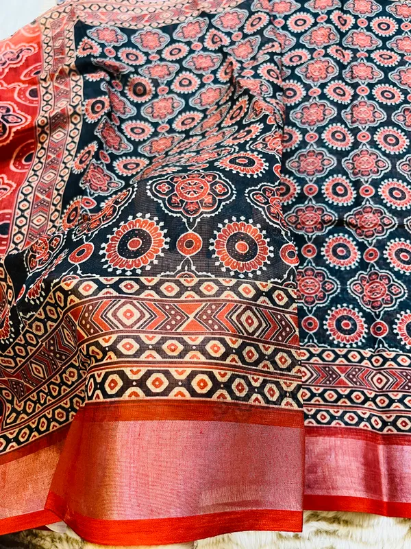Black_&_Rust_Red_Banarasi_Linen_Cotton_Saree_with_Traditional_Ajrakh_Print