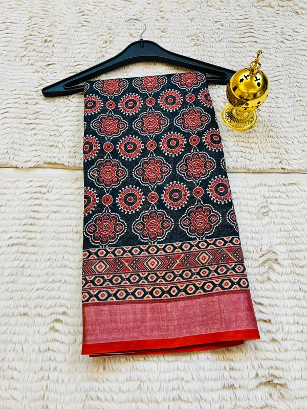 Black_&_Rust_Red_Banarasi_Linen_Cotton_Saree_with_Traditional_Ajrakh_Print