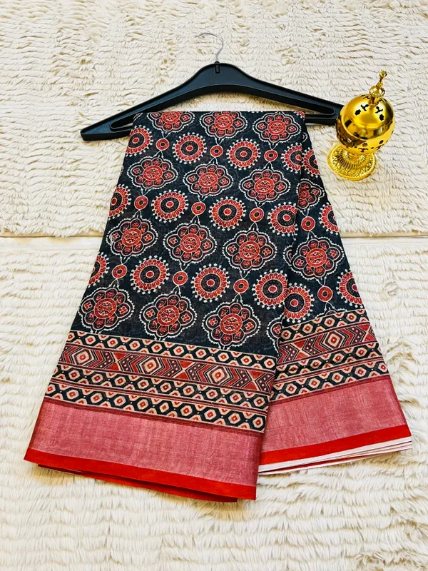 Black_&_Rust_Red_Banarasi_Linen_Cotton_Saree_with_Traditional_Ajrakh_Print