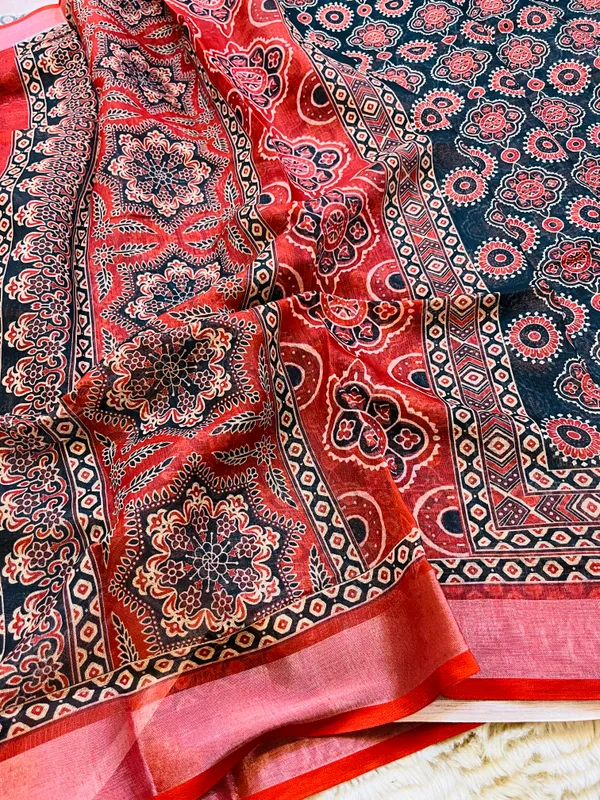 Black_&_Rust_Red_Banarasi_Linen_Cotton_Saree_with_Traditional_Ajrakh_Print