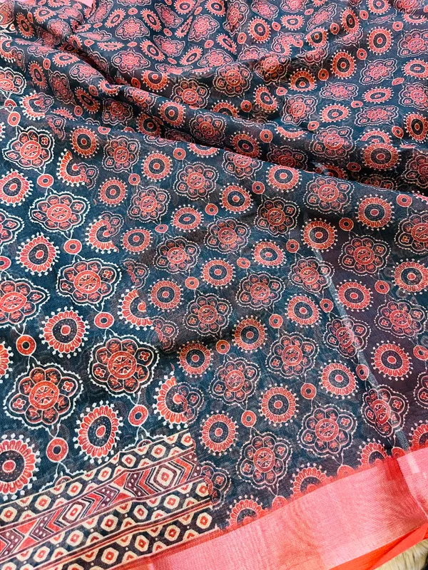 Black_&_Rust_Red_Banarasi_Linen_Cotton_Saree_with_Traditional_Ajrakh_Print