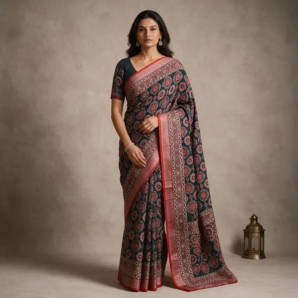 Black_&_Rust_Red_Banarasi_Linen_Cotton_Saree_with_Traditional_Ajrakh_Print