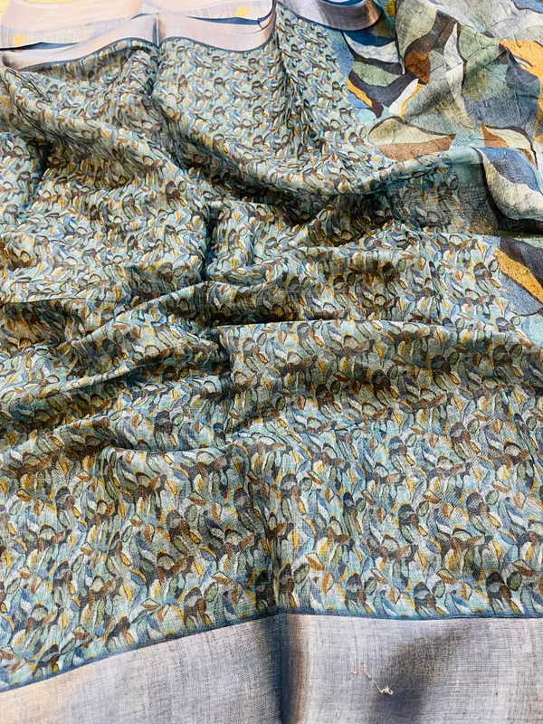 Teal_&_Ocean_Blue_Banarasi_Linen_Cotton_Saree_with_Abstract_Foliage_Digital_Print