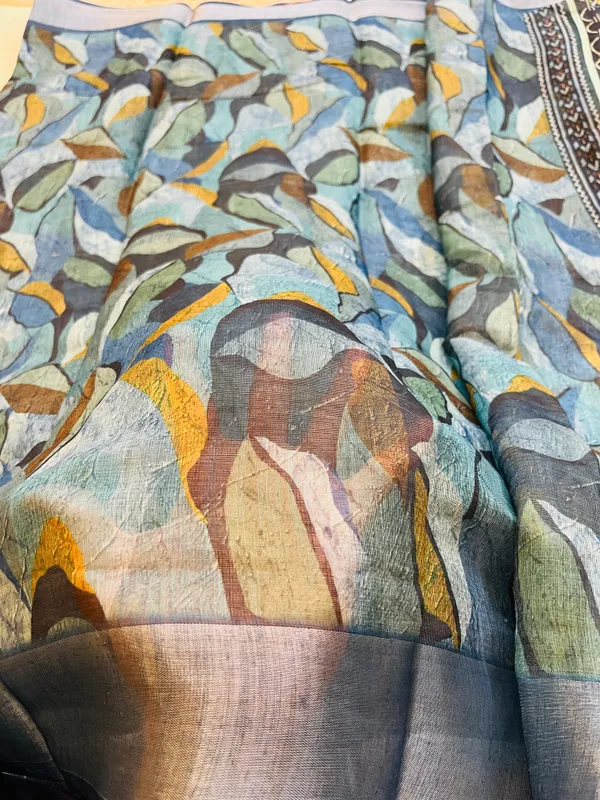Teal_&_Ocean_Blue_Banarasi_Linen_Cotton_Saree_with_Abstract_Foliage_Digital_Print