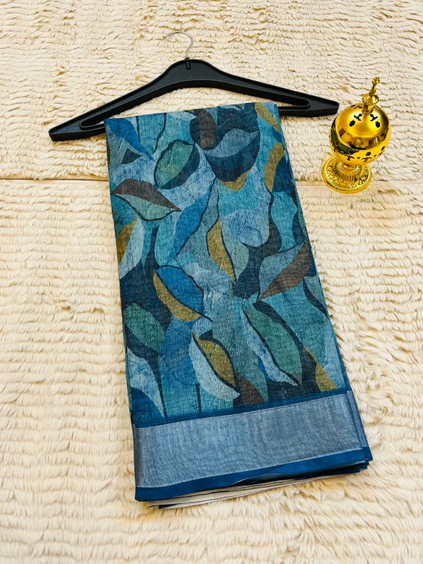 Teal_&_Ocean_Blue_Banarasi_Linen_Cotton_Saree_with_Abstract_Foliage_Digital_Print