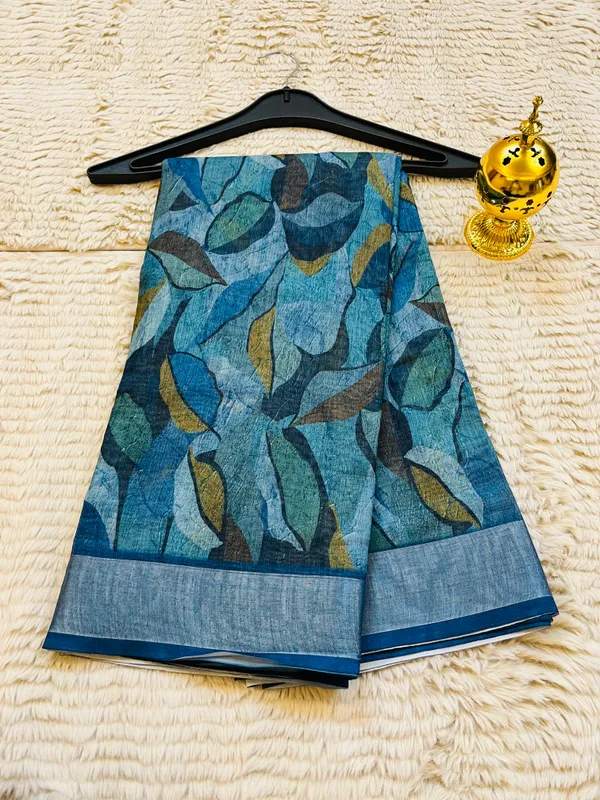 Teal_&_Ocean_Blue_Banarasi_Linen_Cotton_Saree_with_Abstract_Foliage_Digital_Print