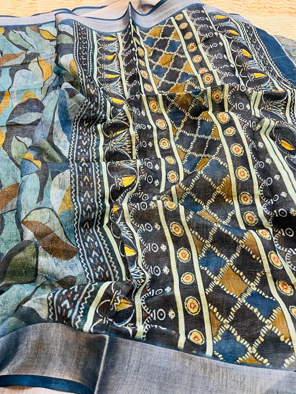 Teal_&_Ocean_Blue_Banarasi_Linen_Cotton_Saree_with_Abstract_Foliage_Digital_Print