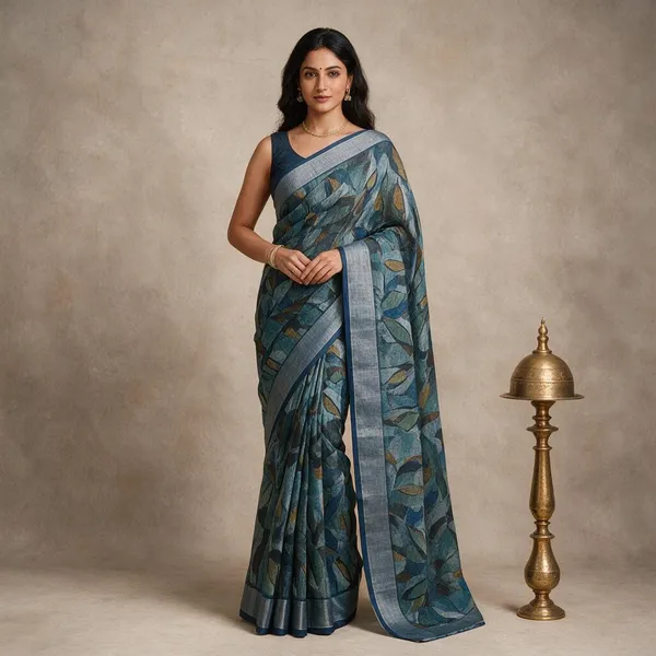 Teal_&_Ocean_Blue_Banarasi_Linen_Cotton_Saree_with_Abstract_Foliage_Digital_Print
