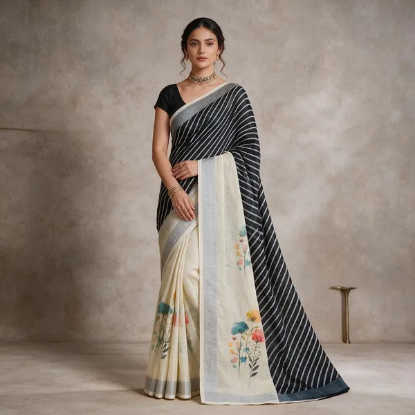 Black_&_Cream_Banarasi_Linen_Cotton_Saree_with_Elegant_Floral_Digital_Print