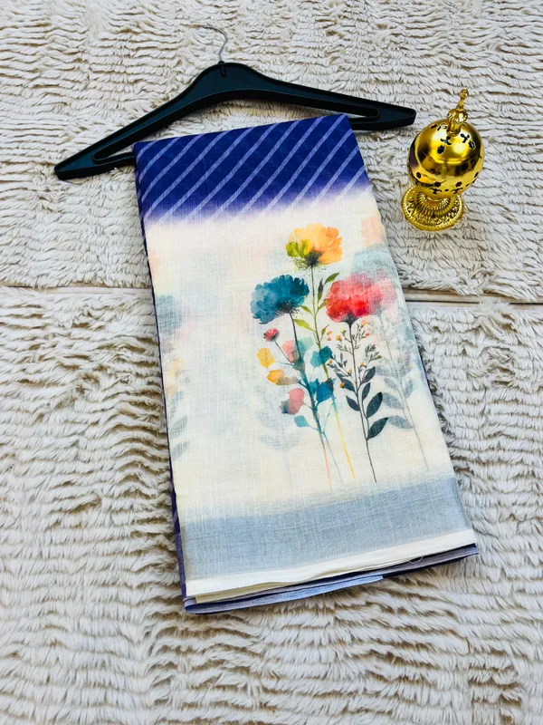 Blue_&_Cream_Banarasi_Linen_Cotton_Saree_with_Elegant_Floral_Digital_Print