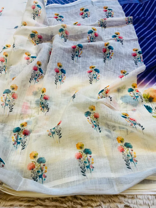 Blue_&_Cream_Banarasi_Linen_Cotton_Saree_with_Elegant_Floral_Digital_Print