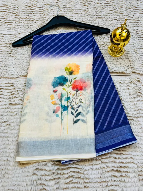 Blue_&_Cream_Banarasi_Linen_Cotton_Saree_with_Elegant_Floral_Digital_Print