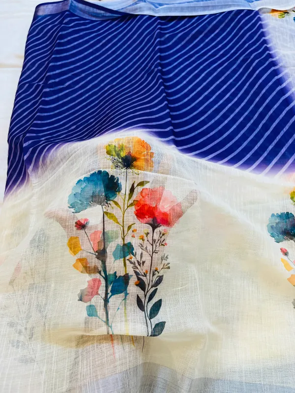 Blue_&_Cream_Banarasi_Linen_Cotton_Saree_with_Elegant_Floral_Digital_Print