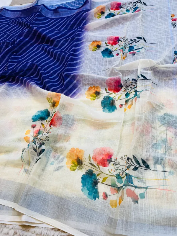 Blue_&_Cream_Banarasi_Linen_Cotton_Saree_with_Elegant_Floral_Digital_Print
