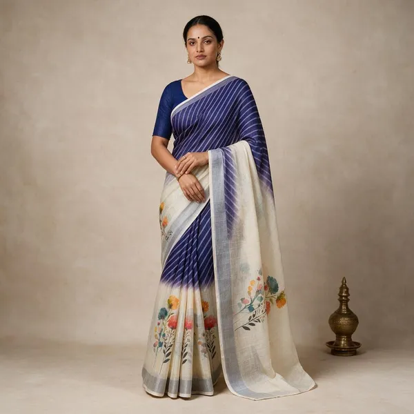 Blue_&_Cream_Banarasi_Linen_Cotton_Saree_with_Elegant_Floral_Digital_Print