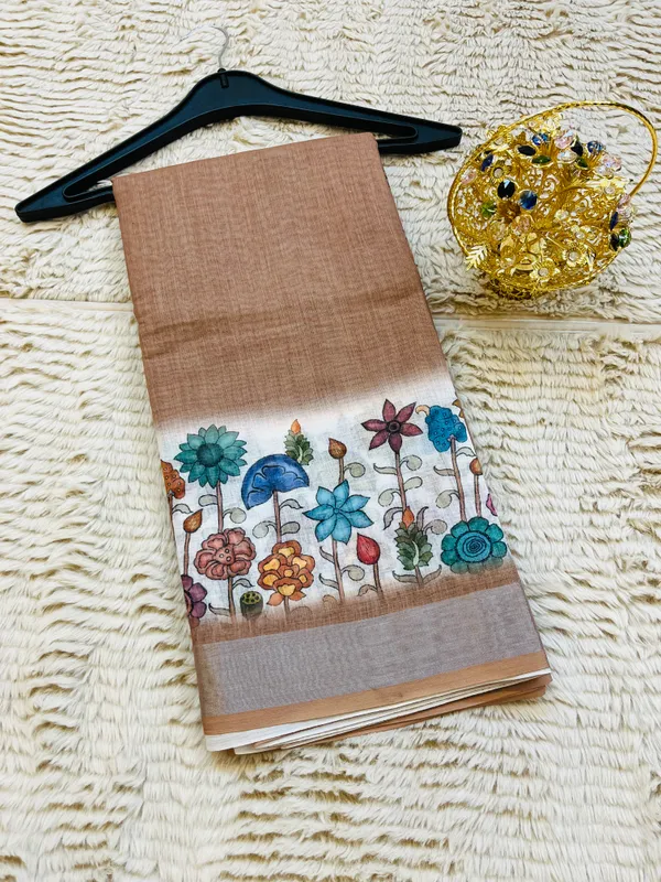 Camel_Brown_Banarasi_Linen_Cotton_Saree_with_Elegant_Floral_Digital_Print
