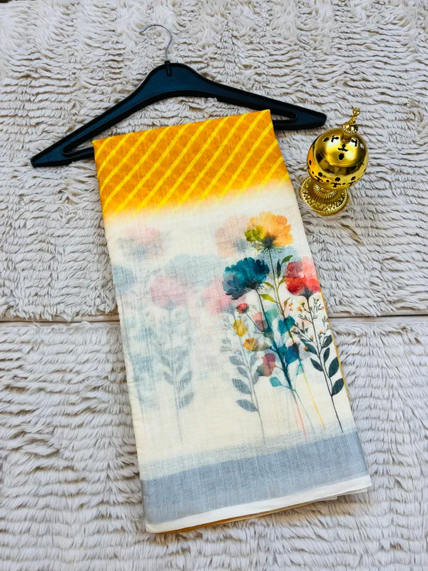 Mustard_&_Cream_Banarasi_Linen_Cotton_Saree_with_Elegant_Floral_Digital_Print