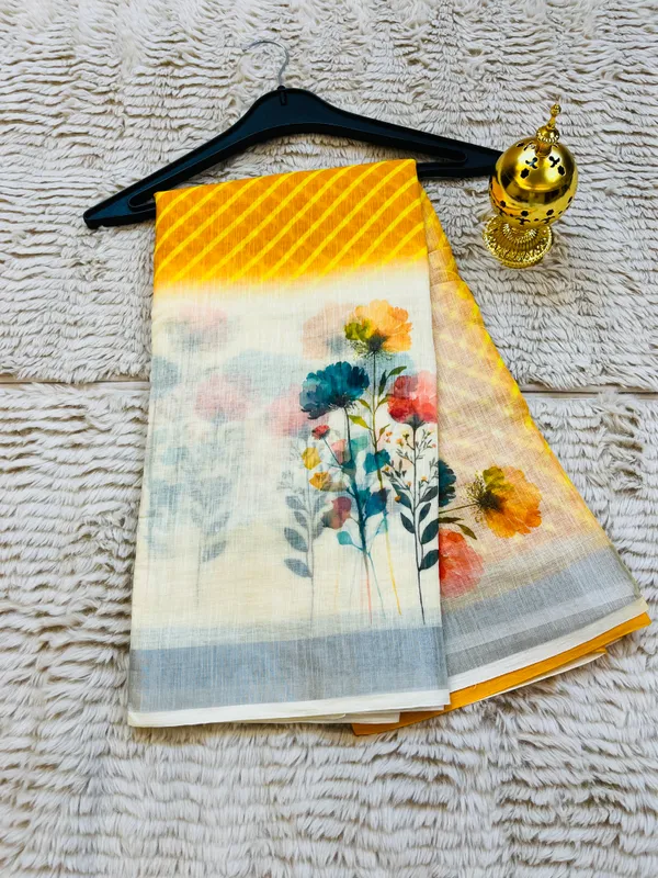 Mustard_&_Cream_Banarasi_Linen_Cotton_Saree_with_Elegant_Floral_Digital_Print