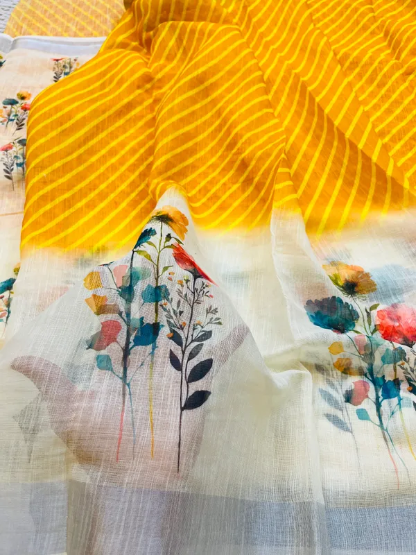 Mustard_&_Cream_Banarasi_Linen_Cotton_Saree_with_Elegant_Floral_Digital_Print