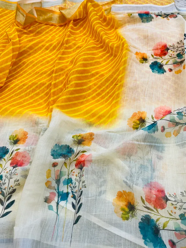 Mustard_&_Cream_Banarasi_Linen_Cotton_Saree_with_Elegant_Floral_Digital_Print