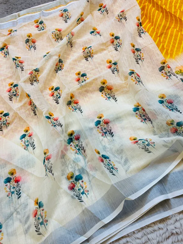 Mustard_&_Cream_Banarasi_Linen_Cotton_Saree_with_Elegant_Floral_Digital_Print