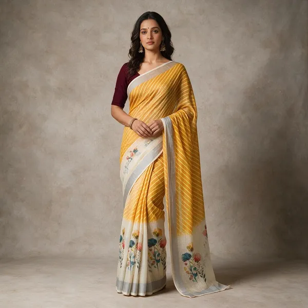 Mustard_&_Cream_Banarasi_Linen_Cotton_Saree_with_Elegant_Floral_Digital_Print