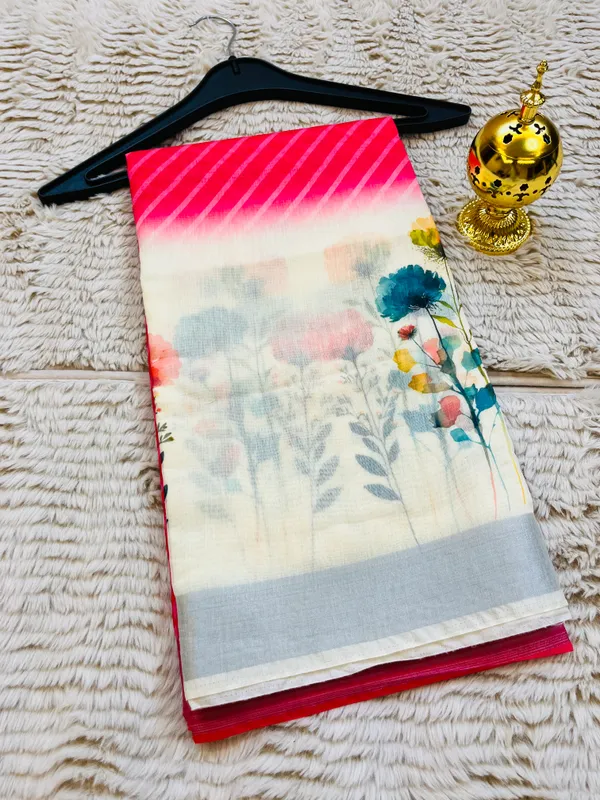 Pink_&_Cream_Banarasi_Linen_Cotton_Saree_with_Elegant_Floral_Digital_Print