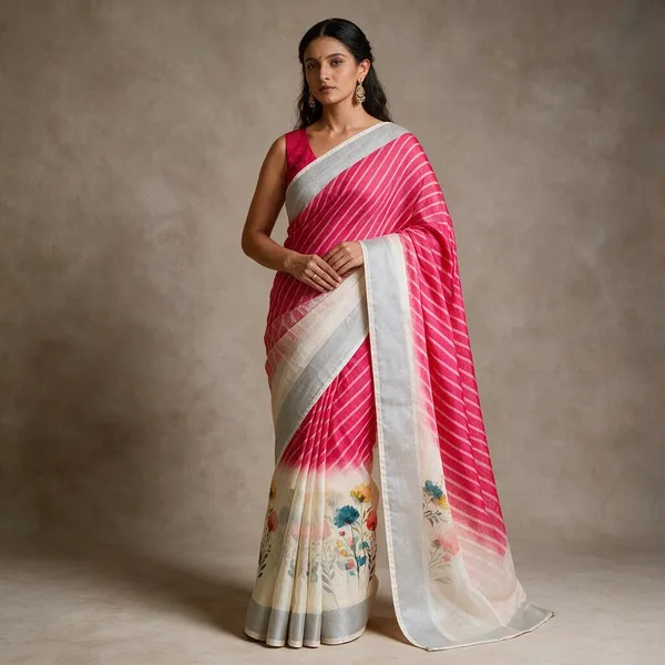 Pink_&_Cream_Banarasi_Linen_Cotton_Saree_with_Elegant_Floral_Digital_Print
