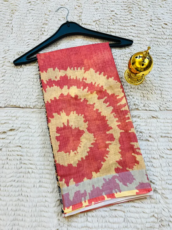 Coral_Red__Banarasi_Linen_Cotton_Saree_with_Elegant_Floral_Digital_Print