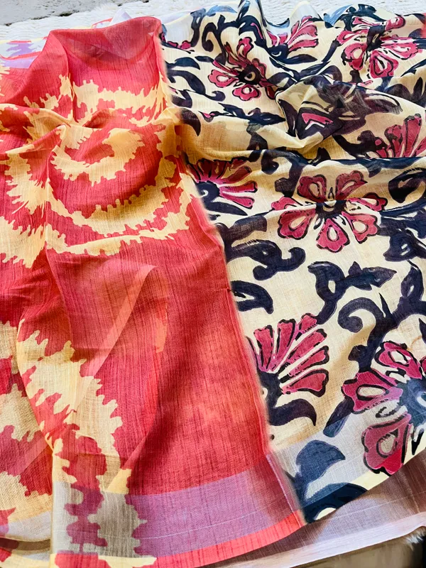 Coral_Red__Banarasi_Linen_Cotton_Saree_with_Elegant_Floral_Digital_Print