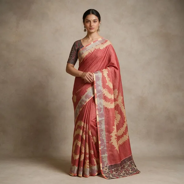 Coral_Red__Banarasi_Linen_Cotton_Saree_with_Elegant_Floral_Digital_Print