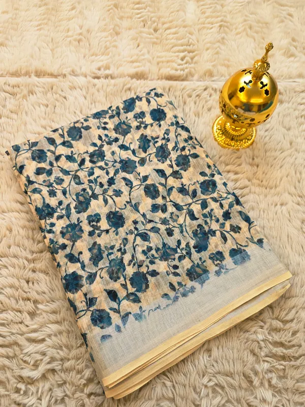 Cream_&_Wine_Banarasi_Linen_Cotton_Saree_with_Vintage_Kalamkari_Floral_Print