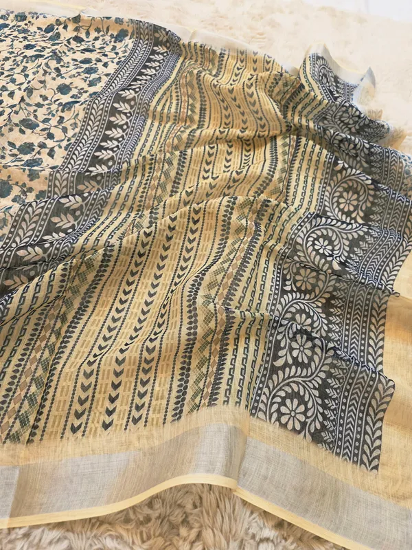 Cream_&_Wine_Banarasi_Linen_Cotton_Saree_with_Vintage_Kalamkari_Floral_Print