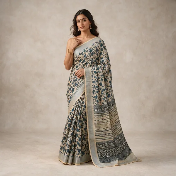 Cream_&_Wine_Banarasi_Linen_Cotton_Saree_with_Vintage_Kalamkari_Floral_Print
