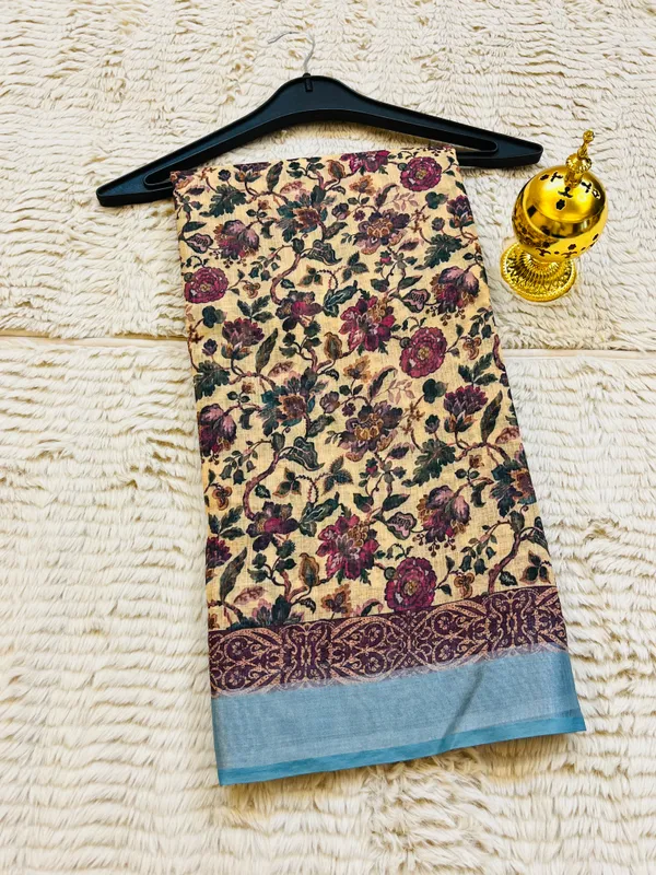 Cream_&_Wine_Banarasi_Linen_Cotton_Saree_with_Vintage_Kalamkari_Floral_Print