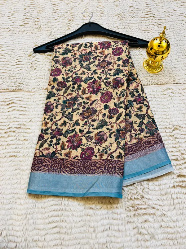 Cream_&_Wine_Banarasi_Linen_Cotton_Saree_with_Vintage_Kalamkari_Floral_Print