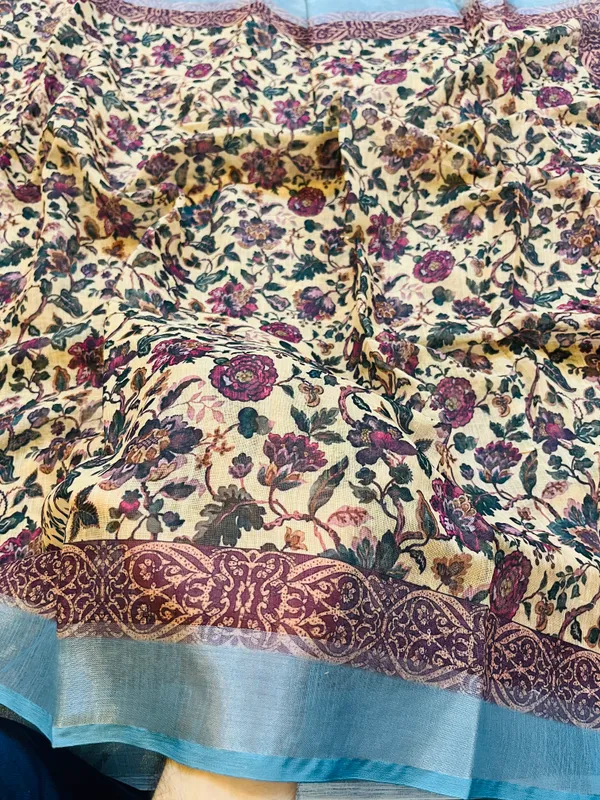 Cream_&_Wine_Banarasi_Linen_Cotton_Saree_with_Vintage_Kalamkari_Floral_Print
