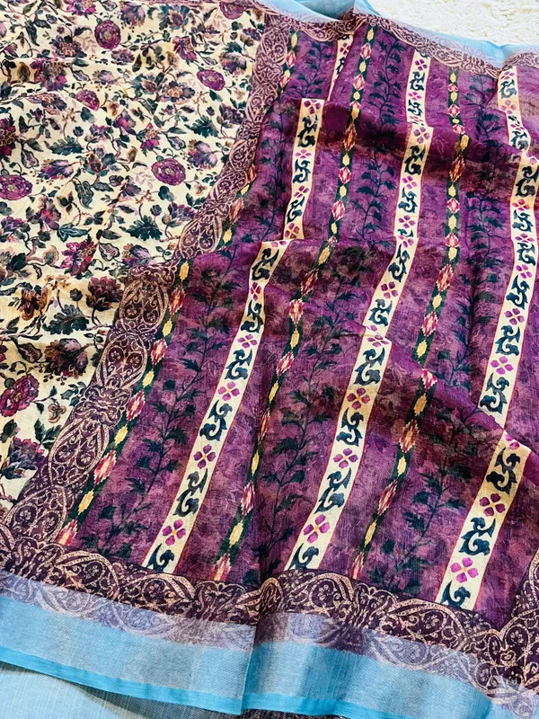 Cream_&_Wine_Banarasi_Linen_Cotton_Saree_with_Vintage_Kalamkari_Floral_Print