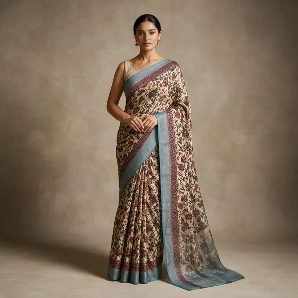Cream_&_Wine_Banarasi_Linen_Cotton_Saree_with_Vintage_Kalamkari_Floral_Print