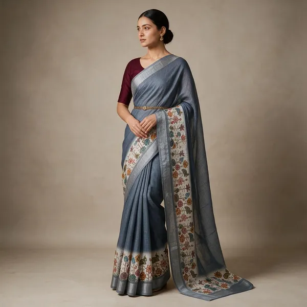 Dusty_Blue__Banarasi_Linen_Cotton_Saree_with_Elegant_Floral_Digital_Print