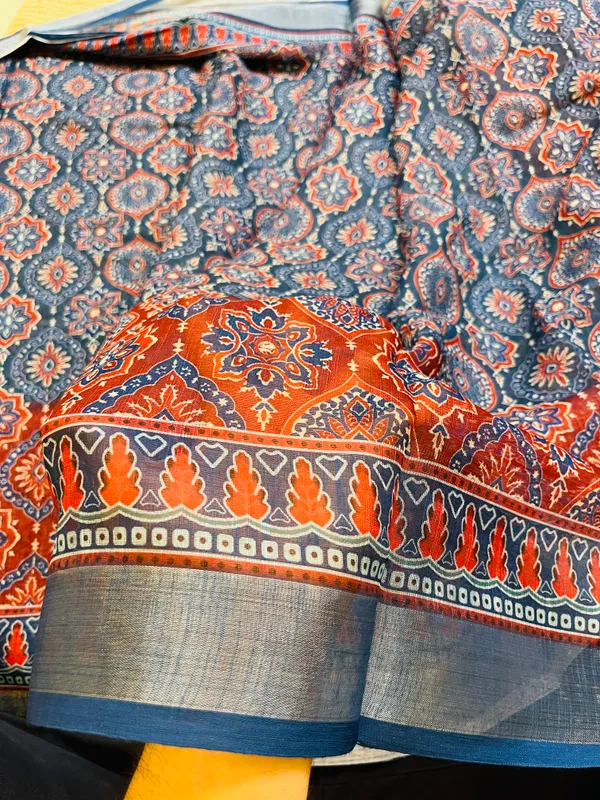 Indigo_Blue_Banarasi_Linen_Cotton_Saree_with_Elegant_Floral_Digital_Print