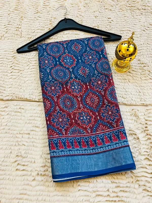 Indigo_Blue_Banarasi_Linen_Cotton_Saree_with_Elegant_Floral_Digital_Print
