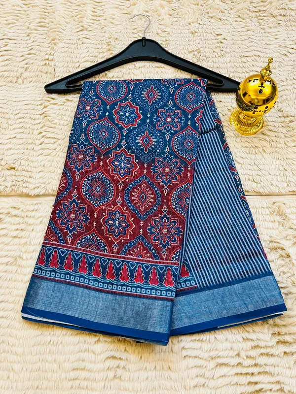 Indigo_Blue_Banarasi_Linen_Cotton_Saree_with_Elegant_Floral_Digital_Print