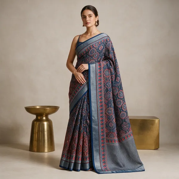 Indigo_Blue_Banarasi_Linen_Cotton_Saree_with_Elegant_Floral_Digital_Print