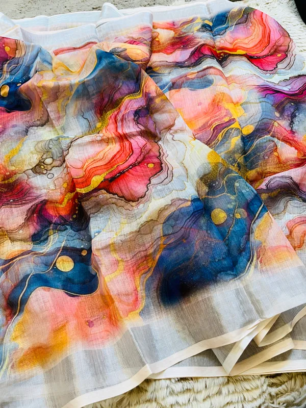 Multicolor_Banarasi_Linen_Cotton_Saree_with_Fluid_Marble_Geode_Digital_Print