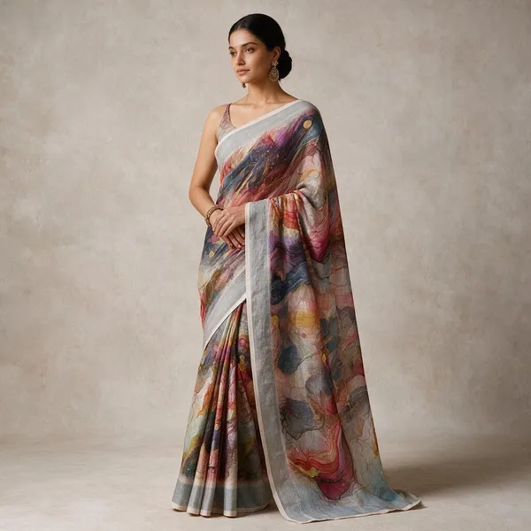 Multicolor_Banarasi_Linen_Cotton_Saree_with_Fluid_Marble_Geode_Digital_Print