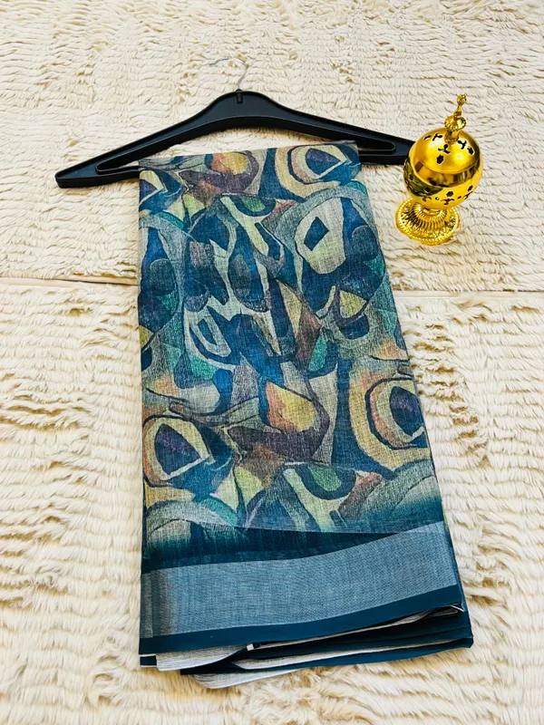 Teal_Multi_Banarasi_Linen_Cotton_Saree_with_Abstract_Mosaic_Art_Digital_Print