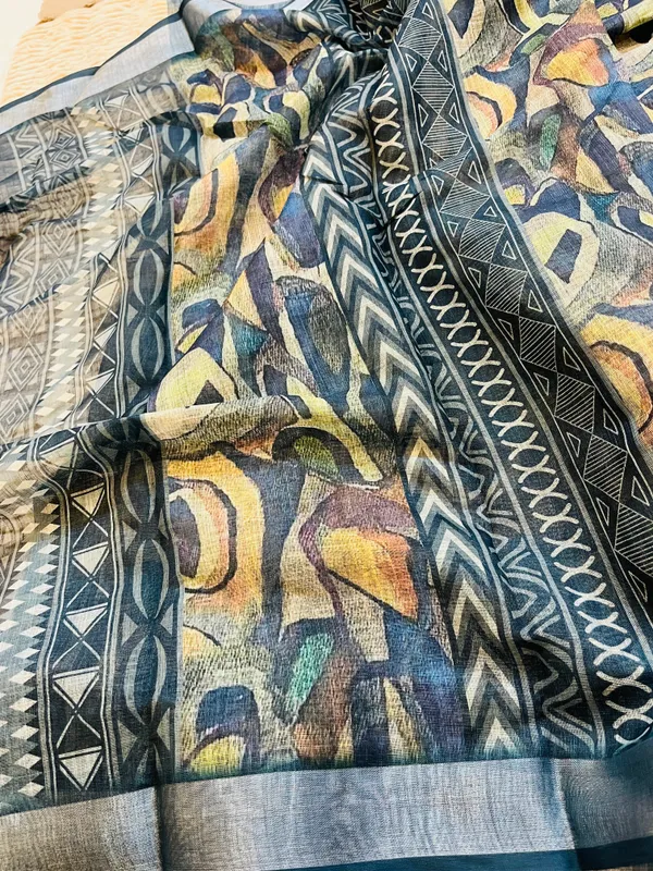 Teal_Multi_Banarasi_Linen_Cotton_Saree_with_Abstract_Mosaic_Art_Digital_Print